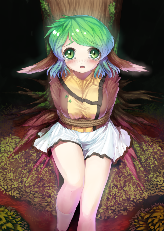 animal_ears bdsm blush bondage bound breasts danbo_(rock_clime) green_eyes green_hair kasodani_kyouko large_breasts looking_at_viewer open_mouth rope scared short_hair skirt solo tears tied_up touhou tree