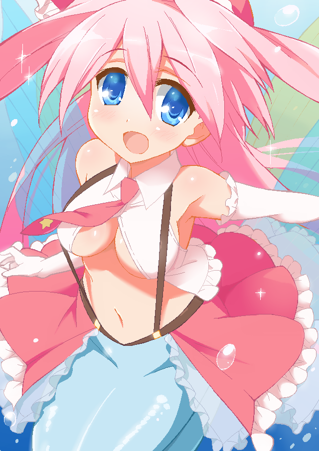 9law :d bermuda_princess_lena blue_eyes blush breasts cardfight!!_vanguard elbow_gloves gloves large_breasts long_hair looking_at_viewer mermaid monster_girl navel necktie open_mouth pink_hair skirt smile solo suspenders twintails underboob white_gloves