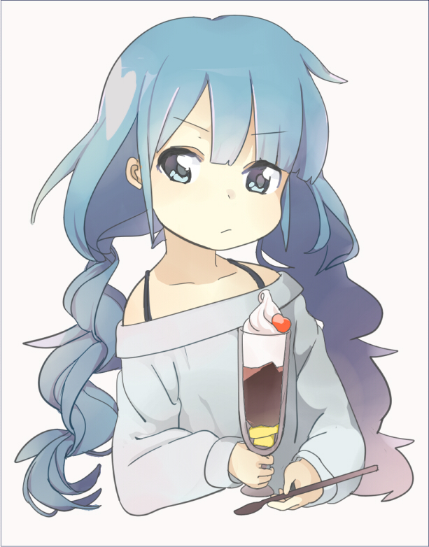 blue_eyes blue_hair blush danchi_(pomechize) food glass long_hair looking_at_viewer off_shoulder original parfait pout solo spoon twintails