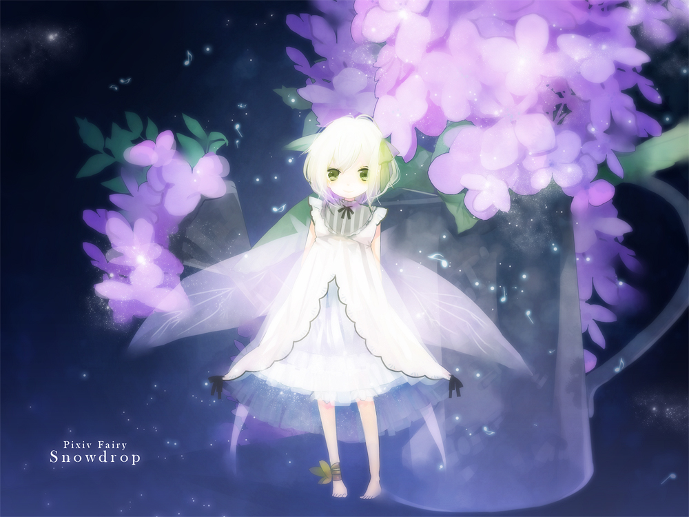 dress fairy_wings flower green_eyes original solo white_hair wings yuukichi