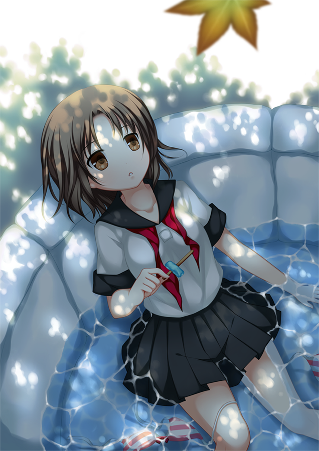 aoilio bad_id bad_pixiv_id bikini bikini_top_removed blush brown_eyes brown_hair dappled_sunlight dress food from_above leaf looking_up neckerchief open_mouth original parted_lips partially_submerged popsicle school_uniform serafuku shallow_water short_hair sitting skirt solo striped striped_bikini striped_swimsuit sunlight swimsuit tree_shade undone_neckerchief untied wading_pool water wet wet_clothes