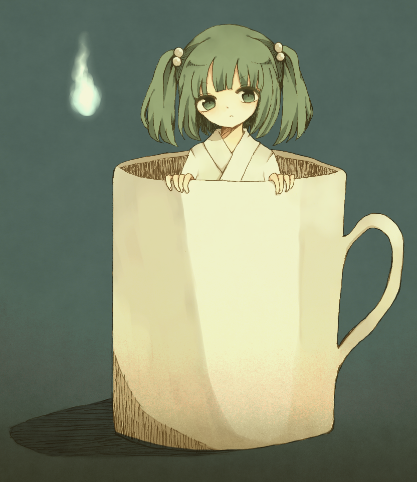 cup green_eyes green_hair hair_bobbles hair_ornament hitodama in_container in_cup kisume short_hair solo touhou twintails