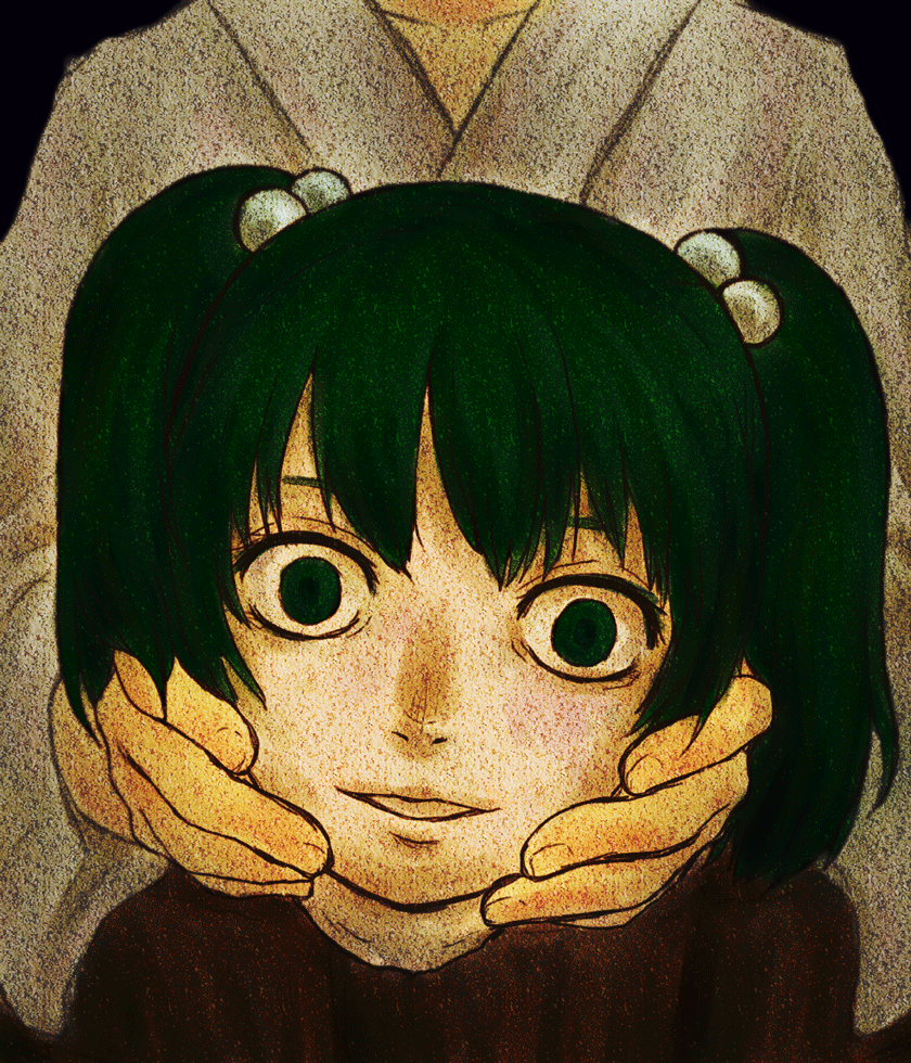 collarbone green_eyes green_hair hair_bobbles hair_ornament kisume looking_at_viewer open_mouth severed_head short_hair smile solo sugawarano touhou twintails yandere_trance