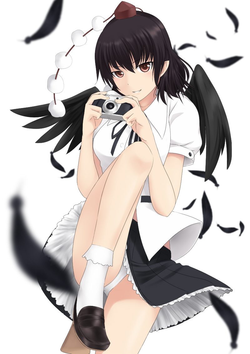 bird_wings black_hair black_wings camera feathers hat john_(kakurenbo) looking_at_viewer panties pointy_ears puffy_sleeves red_eyes shameimaru_aya short_hair short_sleeves smile solo tokin_hat touhou underwear white_background white_panties wings