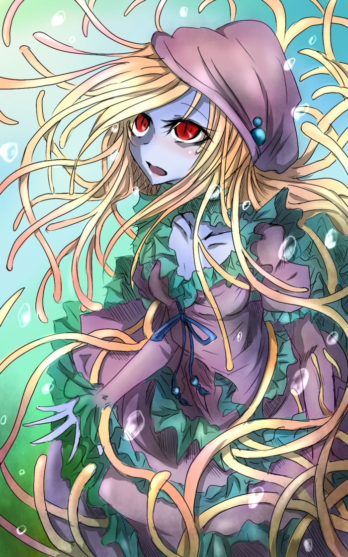 artist_request blonde_hair blue_skin dress monster_girl red_eyes sangyou_haikibutsu_(turnamoonright) sea_anemone tentacle turnamoonright underwater