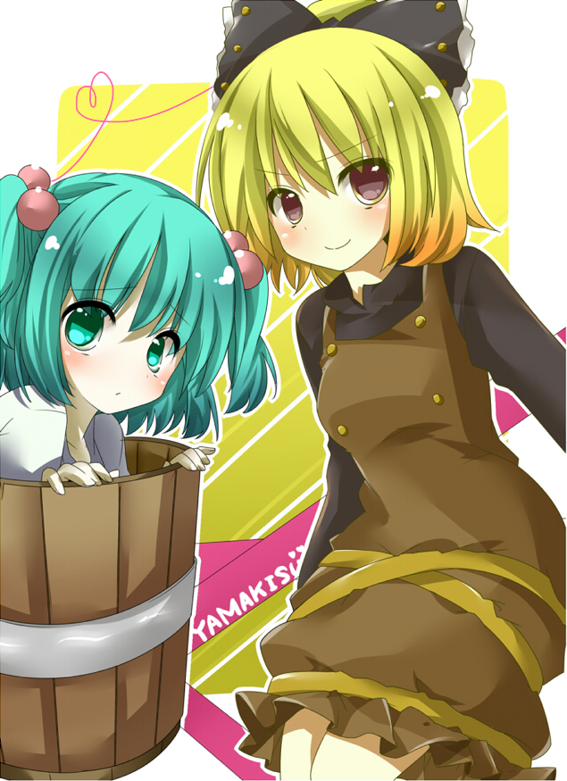 bad_id bad_pixiv_id blonde_hair blush bow bucket green_eyes green_hair hair_bobbles hair_bow hair_ornament in_bucket in_container kisume kurodani_yamame long_sleeves multiple_girls red_eyes short_hair smile touhou twintails wooden_bucket