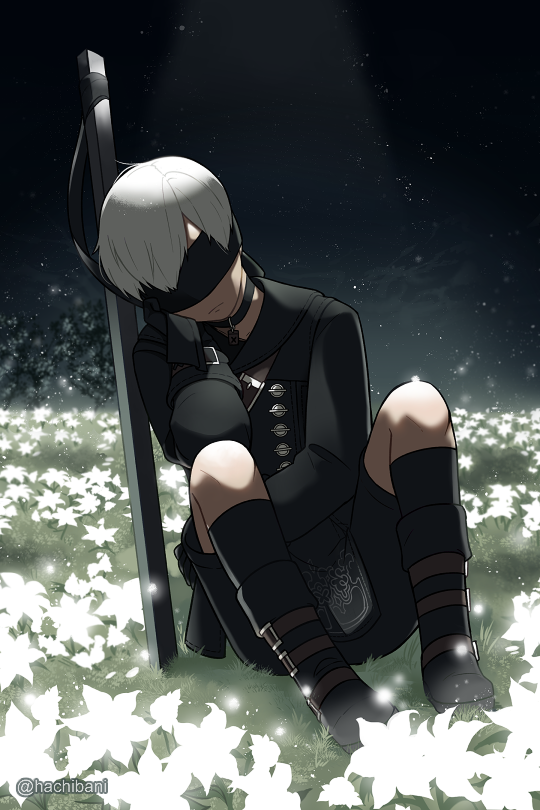 1boy black_footwear black_jacket blindfold collar field flower flower_field frown full_body hachibani head_rest jacket light male_focus nier_(series) nier_automata shorts sitting solo white_hair yorha_no._9_type_s