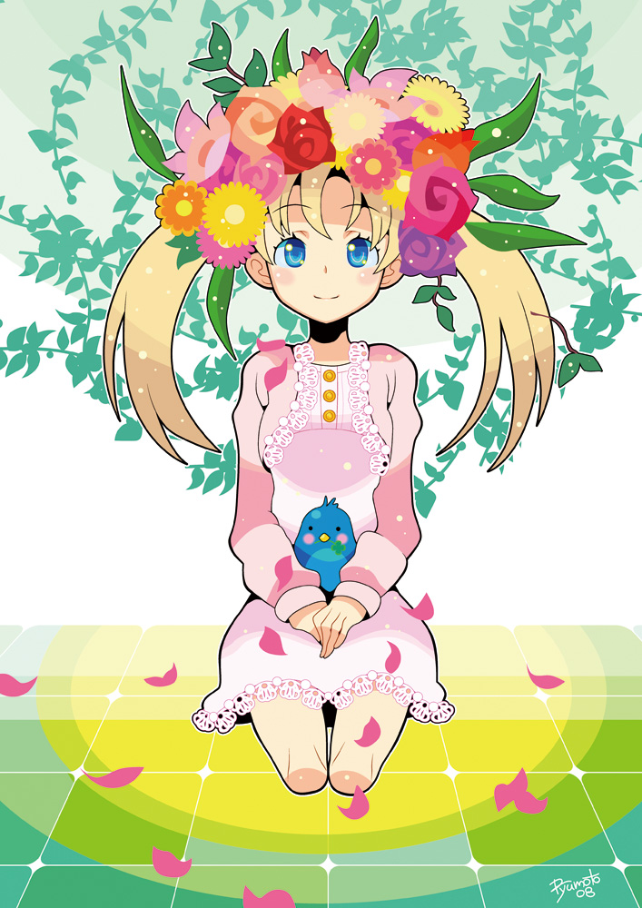 bird blonde_hair blue_eyes blush dress flower hair_ornament hamamoto_ryuusuke kneeling original petals smile solo
