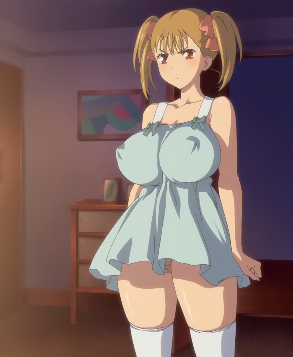 &gt;:( angry aqua_bow arms_at_sides bangs blush bow breasts brown_eyes brown_hair cameltoe ceiling chest_of_drawers clenched_hand closed_mouth collarbone covered_nipples cowboy_shot door frown furrowed_eyebrows grey_panties hair_ribbon impossible_clothes indoors large_breasts legs_apart looking_to_the_side nightgown oyakodon:_oppai_tokumori_bonyuu_tsuyudaku_de painting_(object) panties pantyshot pantyshot_(standing) photo_(object) picture_frame pink_ribbon ribbon rumi_(oyakodon) screencap short_hair short_twintails skindentation standing thick_thighs thighhighs thighs twintails underwear underwear_only v-shaped_eyebrows white_legwear