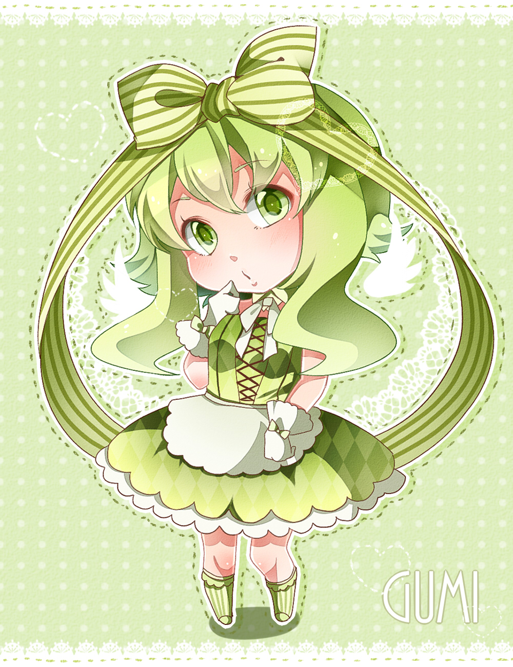 bow character_name chibi dress gloves green_eyes green_hair gumi hair_bow highres looking_at_viewer nou solo vocaloid