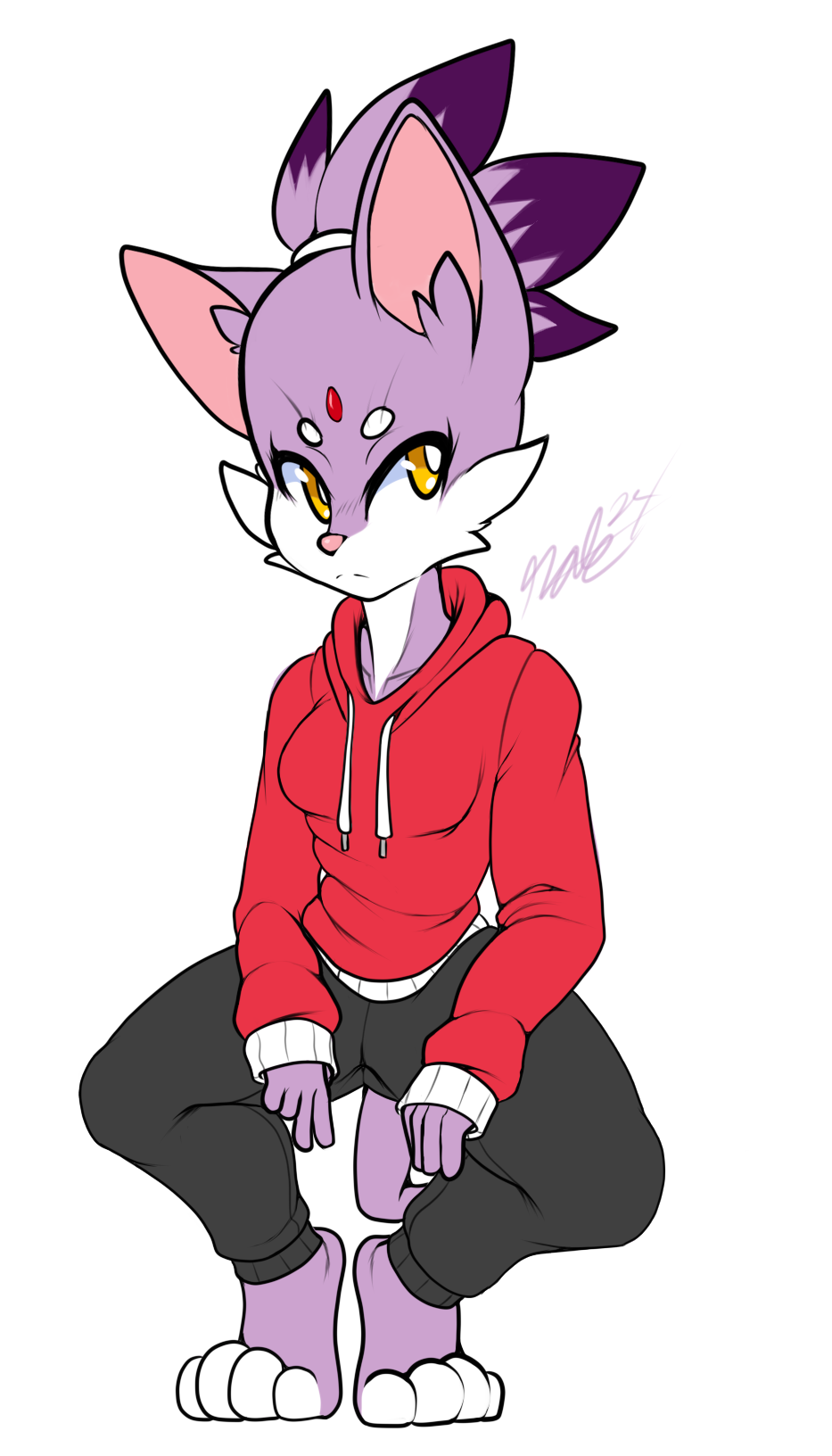 anthro blaze_the_cat breasts clothing domestic_cat felid feline felis female fur hi_res hoodie justtaylor light_fur looking_aside mammal purple_body purple_fur red_clothing red_hoodie red_topwear signature sonic_the_hedgehog_(series) toeless_(marking) topwear two_tone_hoodie white_body white_fur white_hoodie