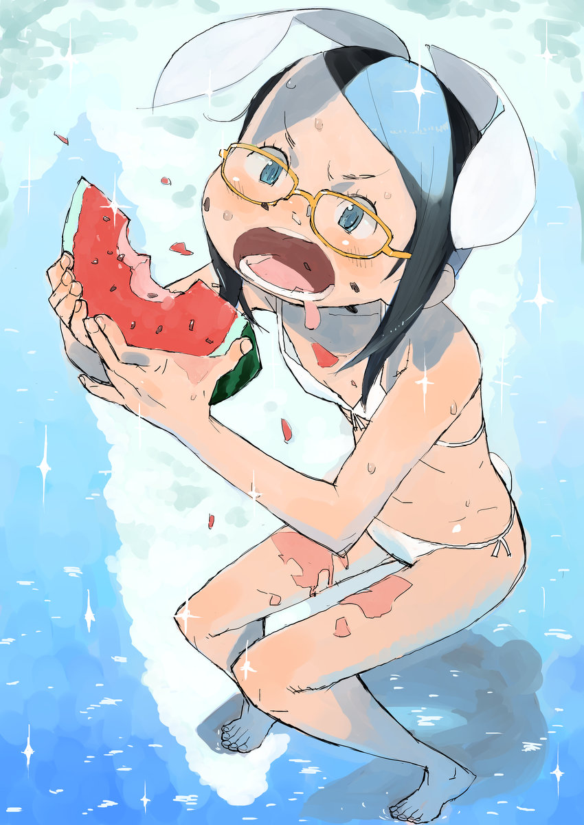 animal_ears bangs barefoot bikini black_hair blue_eyes blue_hair blush bunny_ears bunny_tail eating feet flat_chest food food_on_face forehead from_above front-tie_top fruit glasses hara_(pencilpen) highres holding loose_bikini messy multicolored_hair open_mouth original shadow short_hair side-tie_bikini sidelocks sketch solo sparkle squatting sweat swept_bangs swimsuit tail tiptoes two-tone_hair water watermelon watermelon_seeds wet white_bikini yellow-framed_eyewear