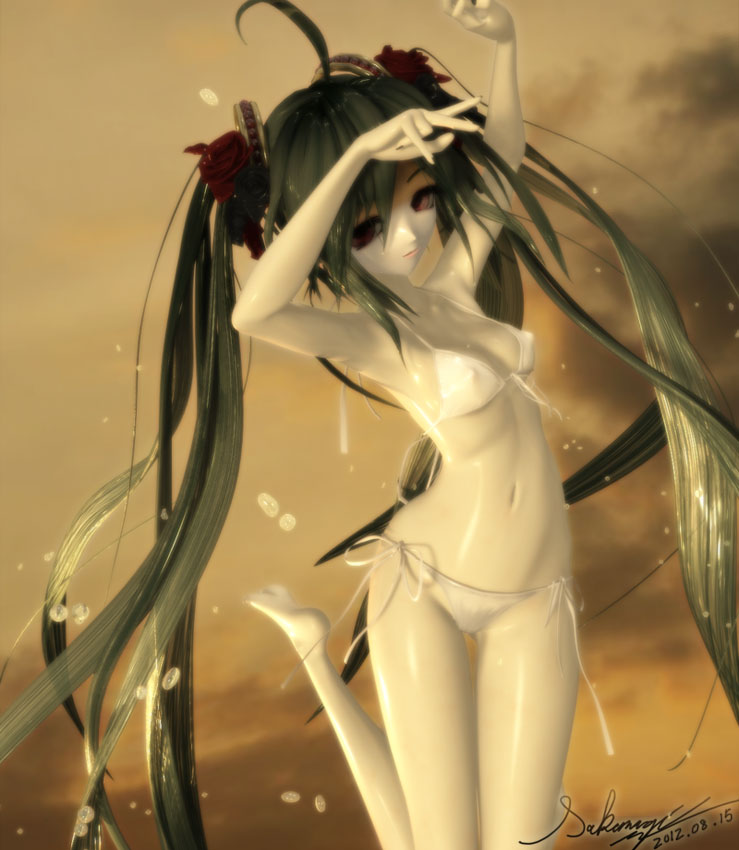2012 3d ahoge arms_up bikini breasts covered_nipples dated green_hair hatsune_miku long_hair sakanagi side-tie_bikini signature small_breasts solo swimsuit twintails very_long_hair vocaloid