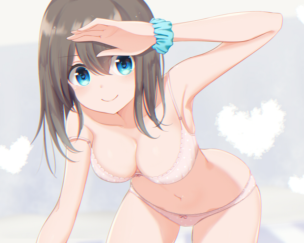 1girl aqua_scrunchie bangs blue_eyes bow bow_bra bow_panties bra breasts brown_hair cleavage closed_mouth collarbone commentary_request cowboy_shot eyebrows_visible_through_hair heart heart-shaped_pupils lace lace-trimmed_bra lace-trimmed_panties leaning_forward light_blush looking_at_viewer lycorisia_elle medium_breasts medium_hair navel nerisan original panties pink_bra pink_panties polka_dot polka_dot_bra polka_dot_panties scrunchie shading_eyes skindentation smile solo standing strap_slip symbol-shaped_pupils symbol_commentary thighs underwear underwear_only wrist_scrunchie