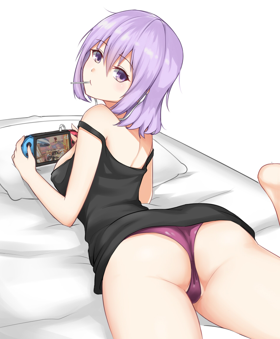 1girl ass bangs bare_shoulders barefoot bed_sheet black_shirt blush breasts candy closed_mouth commentary controller eyebrows_visible_through_hair food food_in_mouth from_behind game_controller gluteal_fold hair_between_eyes large_breasts leg_up lollipop looking_at_viewer looking_back lying mouth_hold nintendo_switch no_pants on_bed on_stomach original panties pillow purple_panties shirt short_hair solo strap_slip tank_top thighs underwear wasami_(a27678193a) white_background