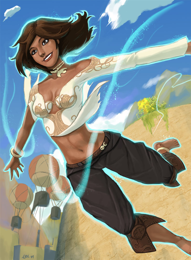 abs aircraft anklet bangle barefoot belt blouse bracelet brown_hair capri_pants choker dark_skin day elika feet floating gold_trim hot_air_balloon jewelry magic midriff navel necklace pants prince_of_persia prince_of_persia_(2008) shirt sky smile thevampiredio torn_clothes torn_shirt