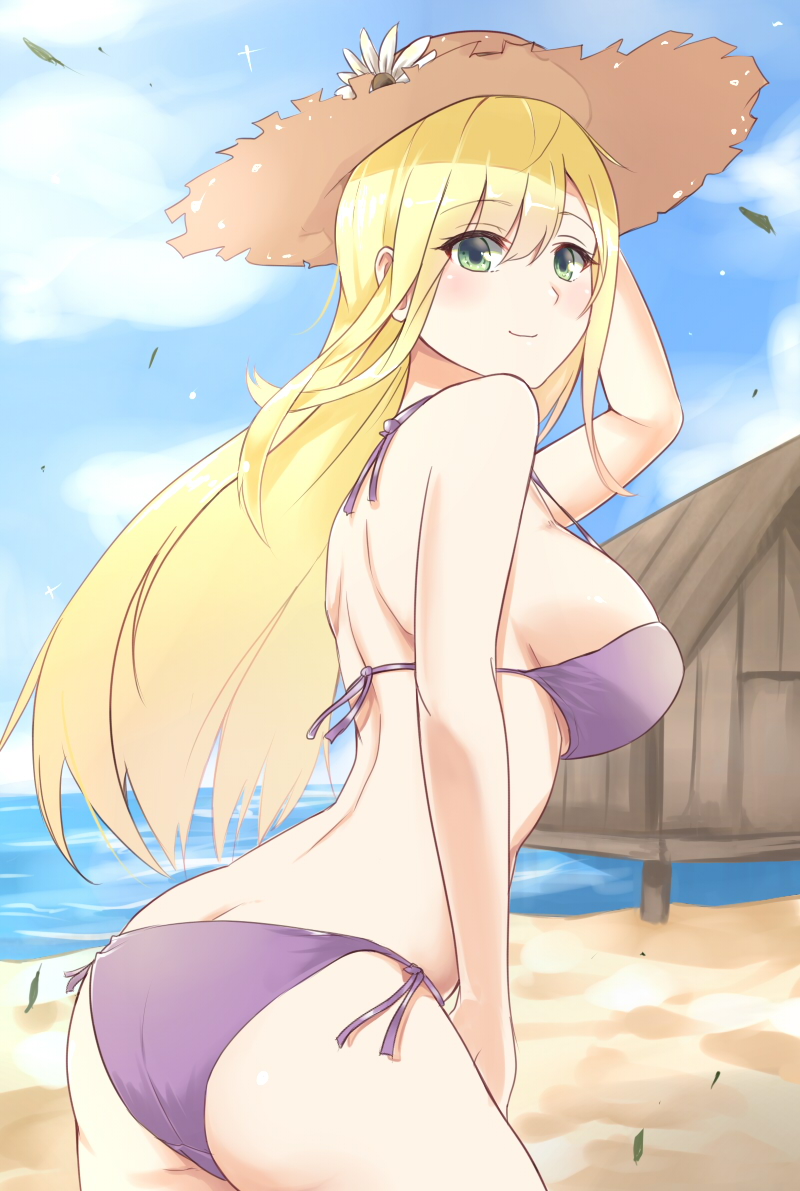 1girl ass back bangs beach bikini blonde_hair blue_eyes blue_sky breasts brown_hat butt_crack closed_mouth cloud cloudy_sky commentary cowboy_shot crotch_seam eyebrows_visible_through_hair flower from_side green_eyes hand_on_headwear hat hat_flower huge_breasts large_breasts leaning_forward light_blush long_hair looking_at_viewer looking_back ocean original purple_bikini side-tie_bikini skindentation sky smile solo straw_hat swimsuit wasami_(a27678193a) wind