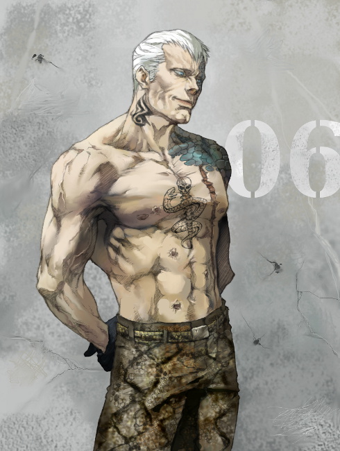 33_(bell12) abs android arms_behind_back bad_id bad_pixiv_id belt blue_hair bryan_fury bullet_hole gloves grey_background male_focus muscle number pants scar shirtless snakeskin_print tattoo tekken white_hair