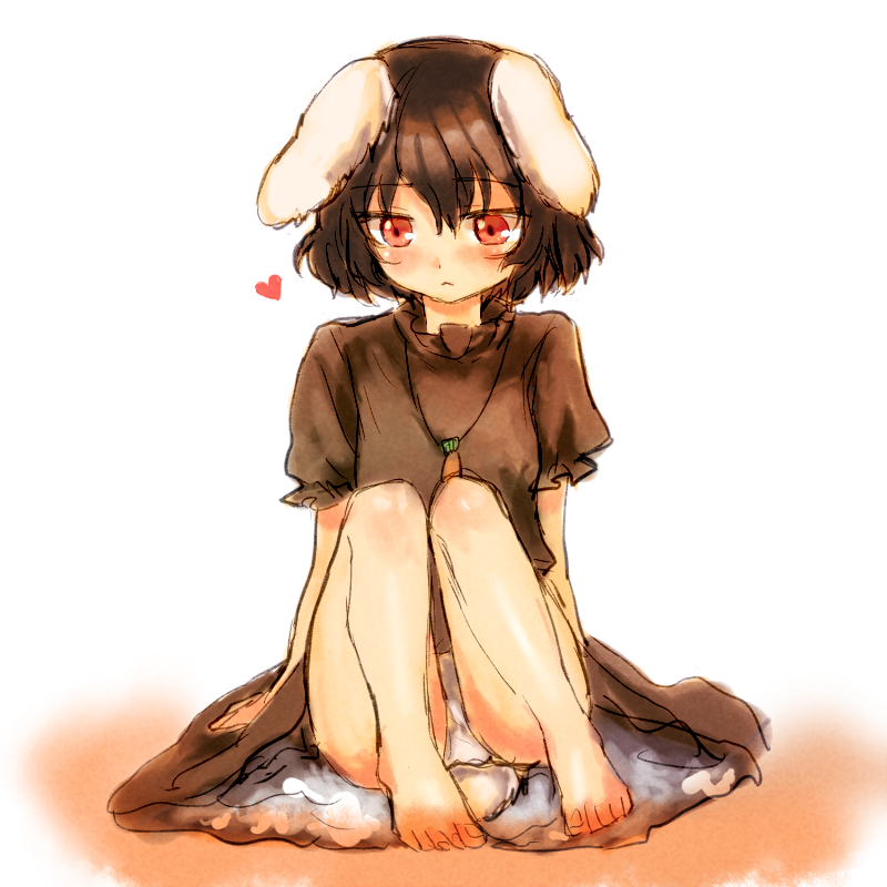 alternate_color animal_ears bare_legs barefoot black_hair bunny_ears carrot carrot_necklace feet full_body furorida heart inaba_tewi jewelry necklace panties pantyshot pantyshot_(sitting) pendant player_2 short_hair simple_background sitting solo touhou underwear white_background white_panties