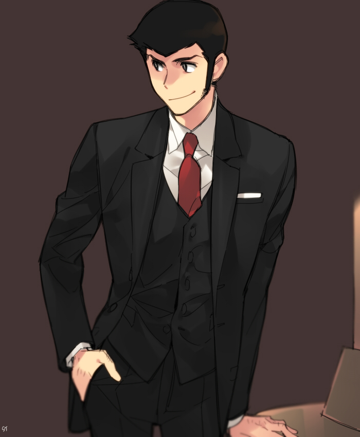 arsene_lupin_iii bad_id bad_pixiv_id black_jacket brown_background formal hand_in_pocket jacket lupin_iii male_focus necktie red_neckwear signature simple_background smile solo standing suit toujou_sakana