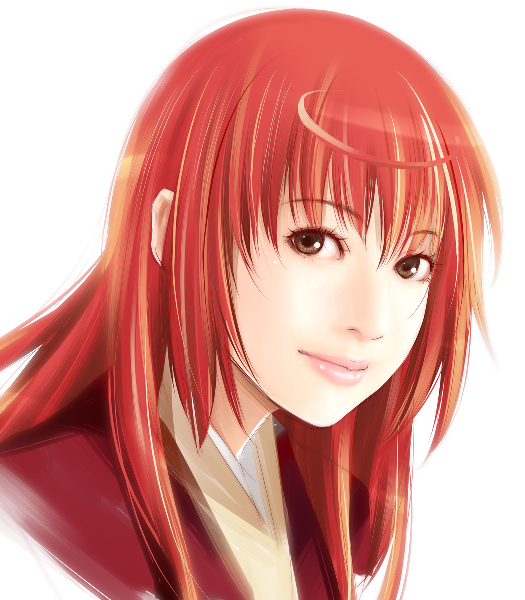 bad_id bad_pixiv_id brown_eyes buratei_marii face highres joshiraku lips long_hair looking_at_viewer portrait realistic red_hair revision shoumaru_(gadget_box) solo upper_body white_background