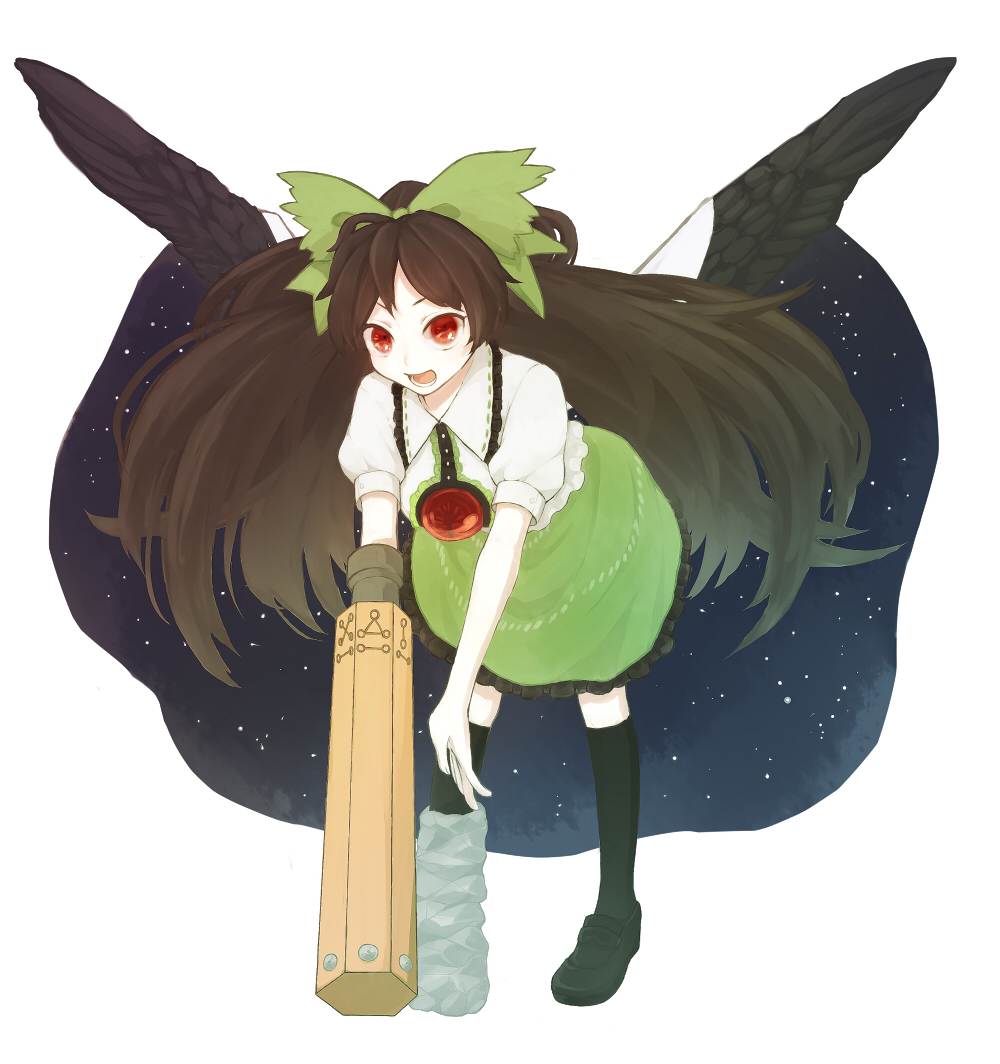 arm_cannon bad_id bad_pixiv_id bird_wings bow brown_hair cape hair_bow honotai long_hair mismatched_footwear open_mouth puffy_sleeves red_eyes reiuji_utsuho short_sleeves solo third_eye touhou weapon wings