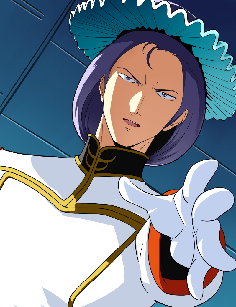 dutch_angle flat_color gloves gundam looking_at_viewer male_focus open_mouth paptimus_scirocco purple_eyes purple_hair shampoo_hat solo twinpoo white_gloves zeta_gundam