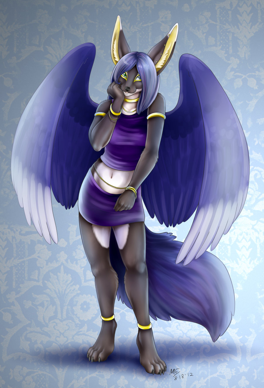 anklet anthro anubian anubian_jackal avoid_posting belly_chain bracelet canine chain conditional_dnp ear_piercing female gold green_eyes jackal jewelry kismet mammal moodyferret necklace piercing skirt solo wings
