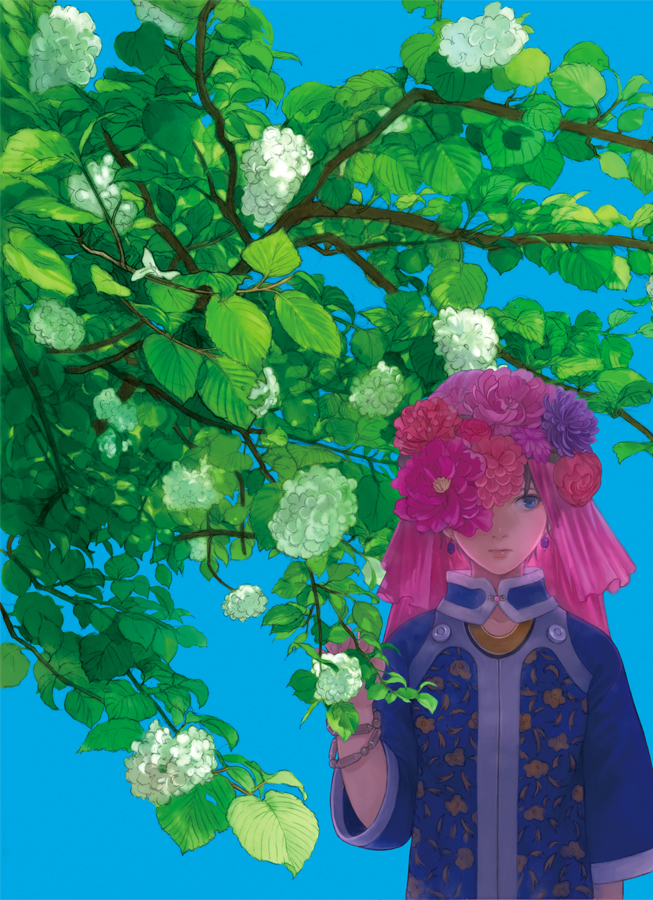 blue_background blue_eyes bracelet branch covering_one_eye earrings floral_print flower hat hat_flower jewelry leaf lips original pikomaro plant solo tree veil