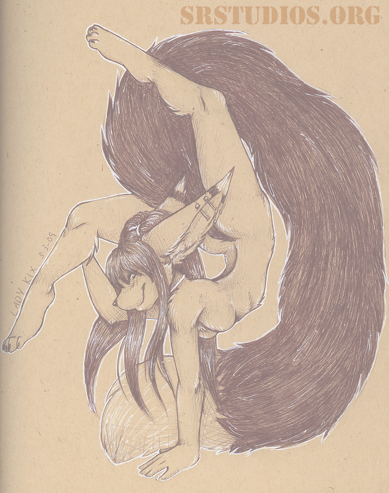 butt canine contortion ear_piercing female fennec flexible fox handstand looking_at_viewer mammal nude piercing solo traditional_media uncolored