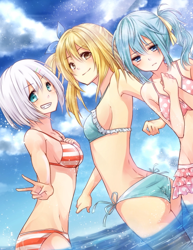 ass bad_id bad_pixiv_id bikini blonde_hair blue_bikini blue_eyes blue_hair blush breasts chiu_(93spica) cloud cowboy_shot day dimples_of_venus dutch_angle fairy_tail frilled_bikini frills green_eyes grin hair_ribbon hands_together levy_mcgarden lisanna_strauss long_hair looking_at_viewer looking_down lucy_heartfilia medium_breasts multiple_girls polka_dot polka_dot_bikini polka_dot_swimsuit ribbon short_hair side-tie_bikini side_ponytail sideboob silver_hair smile standing striped striped_bikini striped_swimsuit swimsuit v wading water
