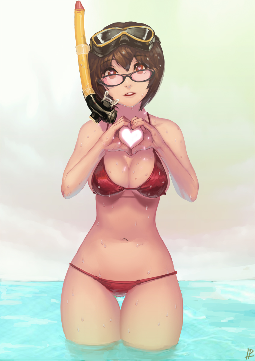 bikini breasts brown_eyes brown_hair cleavage glasses goggles goggles_on_head heart heart-shaped_pupils heart_hands highres instant_ip medium_breasts navel original parted_lips red_bikini short_hair snorkel solo swimsuit symbol-shaped_pupils thigh_gap thighs wading wet
