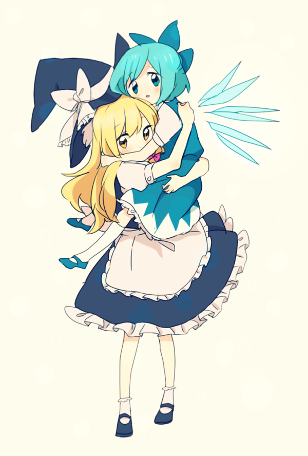 apron blonde_hair blue_eyes blue_hair blush bow carrying cirno gomimushi hair_bow hat hat_bow hug ice ice_wings kirisame_marisa long_hair multiple_girls open_mouth puffy_sleeves short_hair short_sleeves touhou white_background white_bow wings witch_hat yellow_eyes