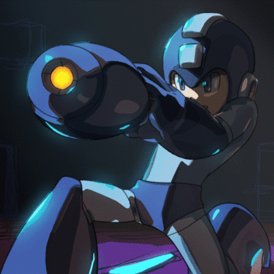 android animated animated_gif arm_cannon blue_eyes downscaled helmet image_sample lowres male_focus md5_mismatch one_knee resized rockman rockman_(character) solo tumblr_sample weapon