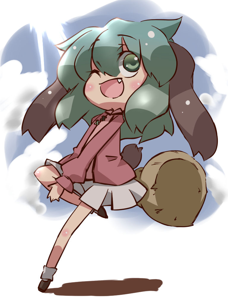 animal_ears blush broom fang green_eyes green_hair kasodani_kyouko kuropata long_sleeves one_eye_closed open_mouth puffy_sleeves short_hair solo touhou