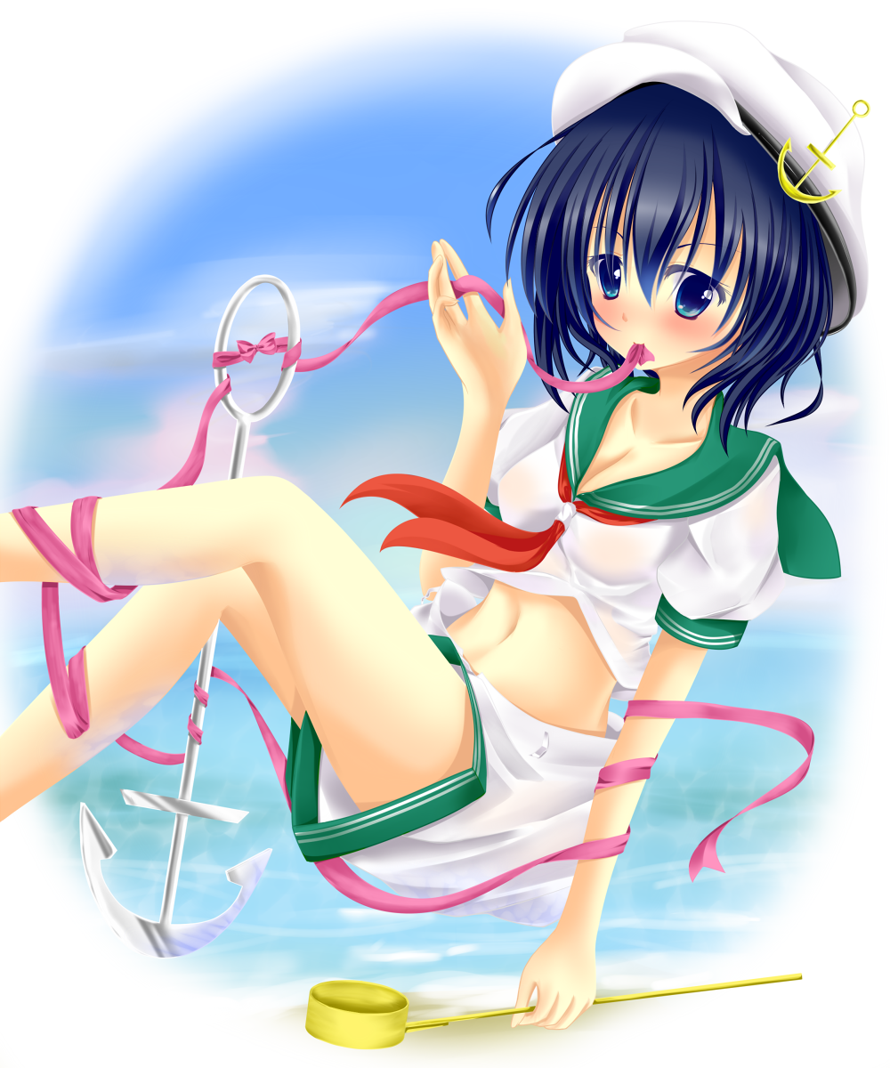 black_hair blue_eyes blush hat highres midriff murasa_minamitsu navel sailor sailor_hat shorts solo touhou