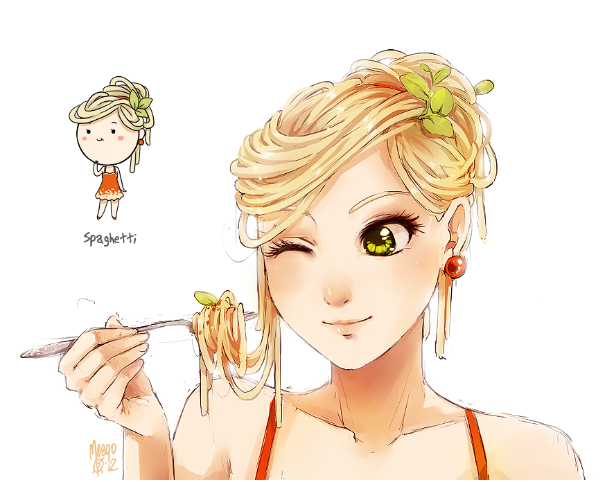 blush_stickers chibi collarbone dress earrings food fork green_eyes hair_bun hair_ornament jewelry lips meago one_eye_closed original pasta personification signature simple_background sketch solo spaghetti upper_body