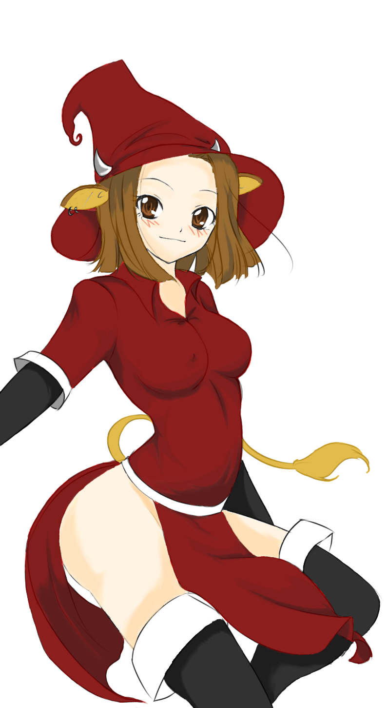 animal_ears black_legwear blush boots breasts brown_eyes brown_hair colorized cow_ears cow_girl cow_horns cow_tail earrings hat highres horns jewelry leotard lineart medium_breasts original short_hair solo tail thigh_boots thighhighs tusia witch_hat