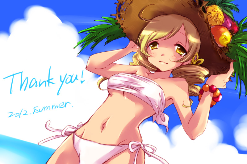 bikini blonde_hair breasts drill_hair food fruit hat mahou_shoujo_madoka_magica medium_breasts musukichi ocean side-tie_bikini solo straw_hat swimsuit tomoe_mami twin_drills twintails yellow_eyes