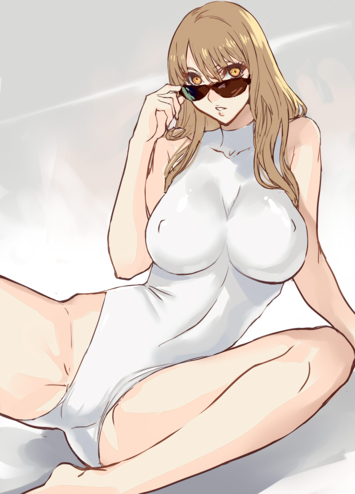 adjusting_eyewear arm_support bangs breasts brown_hair cameltoe casual_one-piece_swimsuit covered_nipples hair_between_eyes highleg highleg_swimsuit large_breasts leaning legs long_hair looking_at_viewer looking_over_eyewear one-piece_swimsuit orange_eyes original parted_bangs parted_lips ran'ou_(tamago_no_kimi) reclining shadow simple_background sitting solo spread_legs sunglasses swimsuit white_swimsuit wide_hips