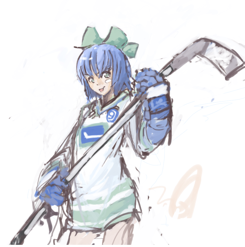 1girl :p bandaid blue_eyes blue_hair bow cirno gloves hair_bow hockey_stick hockey_sweater ice_hockey national_hockey_league panties_(pantsu-pirate) short_hair skates socks solo sportswear tongue tongue_out touhou vancouver_canucks