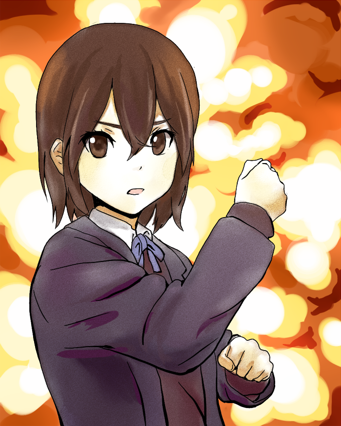 blazer brown_eyes brown_hair butaneko clenched_hands explosion fighting_stance inaba_himeko jacket kokoro_connect open_mouth pose school_uniform short_hair solo sweater_vest