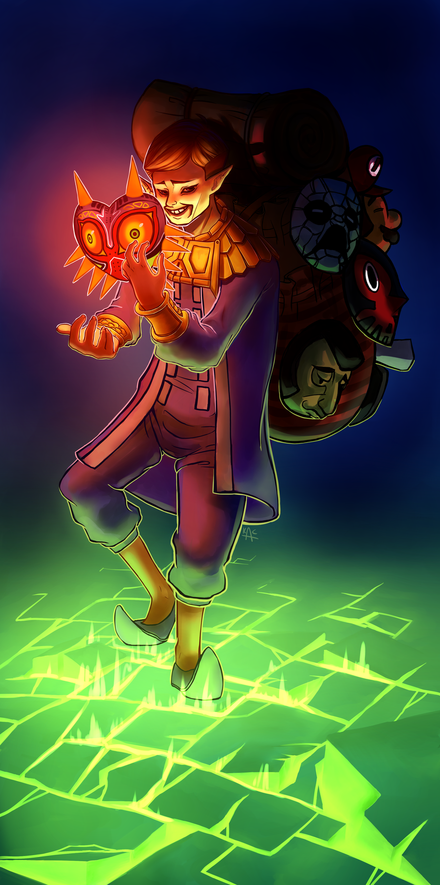 backpack bag happy_mask_salesman highres kuroinekosan male_focus mask md5_mismatch pointy_ears pointy_shoes shoes smile solo the_legend_of_zelda the_legend_of_zelda:_majora's_mask