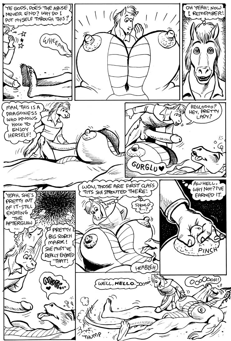 anthro areola balls big_breasts big_penis blush breasts cleavage clothed clothing comic dragon english_text equine erect_nipples erection eurosalamander female hair here_there_be_dragons horn horse huge_breasts karno male mammal monochrome nipple_pinch nipples nude open_mouth penis text tongue tongue_out unconscious wings