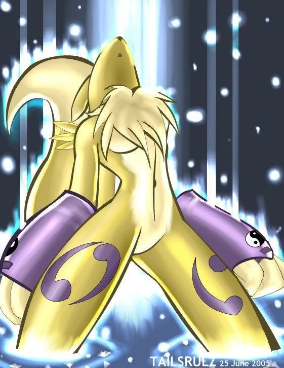 2005 abstract_background avoid_posting breasts bridal_gauntlets canine chest_tuft digimon female fox looking_up naturally_censored nude open_mouth renamon solo tailsrulz white_fur yellow_fur