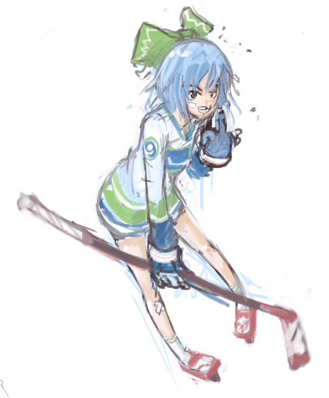1girl bandaid blue_eyes blue_hair bow cirno gloves hair_bow hockey_stick hockey_sweater ice_hockey ice_skates middle_finger missing_tooth national_hockey_league panties_(pantsu-pirate) pointing pointing_at_self short_hair skates socks solo sportswear touhou vancouver_canucks