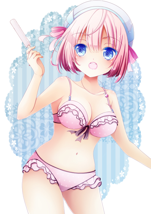 aki_(chromaticclip) bikini blue_eyes breasts food frills hat jewelry large_breasts necklace original pink_hair popsicle short_hair solo swimsuit