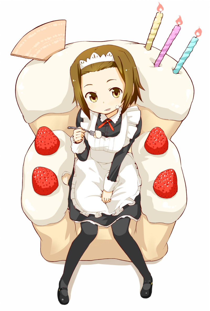 :p alternate_costume apron black_legwear blush brown_eyes brown_hair cake candle chair enmaided food food_on_face fork fruit full_body in_food k-on! looking_at_viewer maid maid_headdress mary_janes nagian oversized_object pantyhose shoes short_hair simple_background sitting solo strawberry tainaka_ritsu themed_object tongue tongue_out white_background