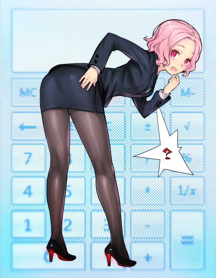 ? ass bent_over calculator formal from_behind hand_on_hip high_heels jacket legs looking_back office_lady original pantyhose pencil_skirt pink_eyes pink_hair shiohara_shin'ichi shoes short_hair skirt skirt_suit solo suit