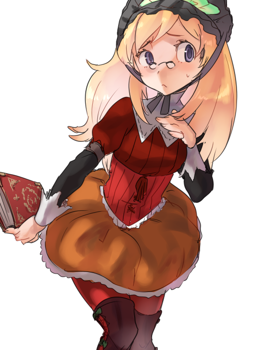 blonde_hair blue_eyes bonnet book boots character_request copyright_request glasses knee_boots long_hair naso4 pantyhose pince-nez red_legwear skirt solo
